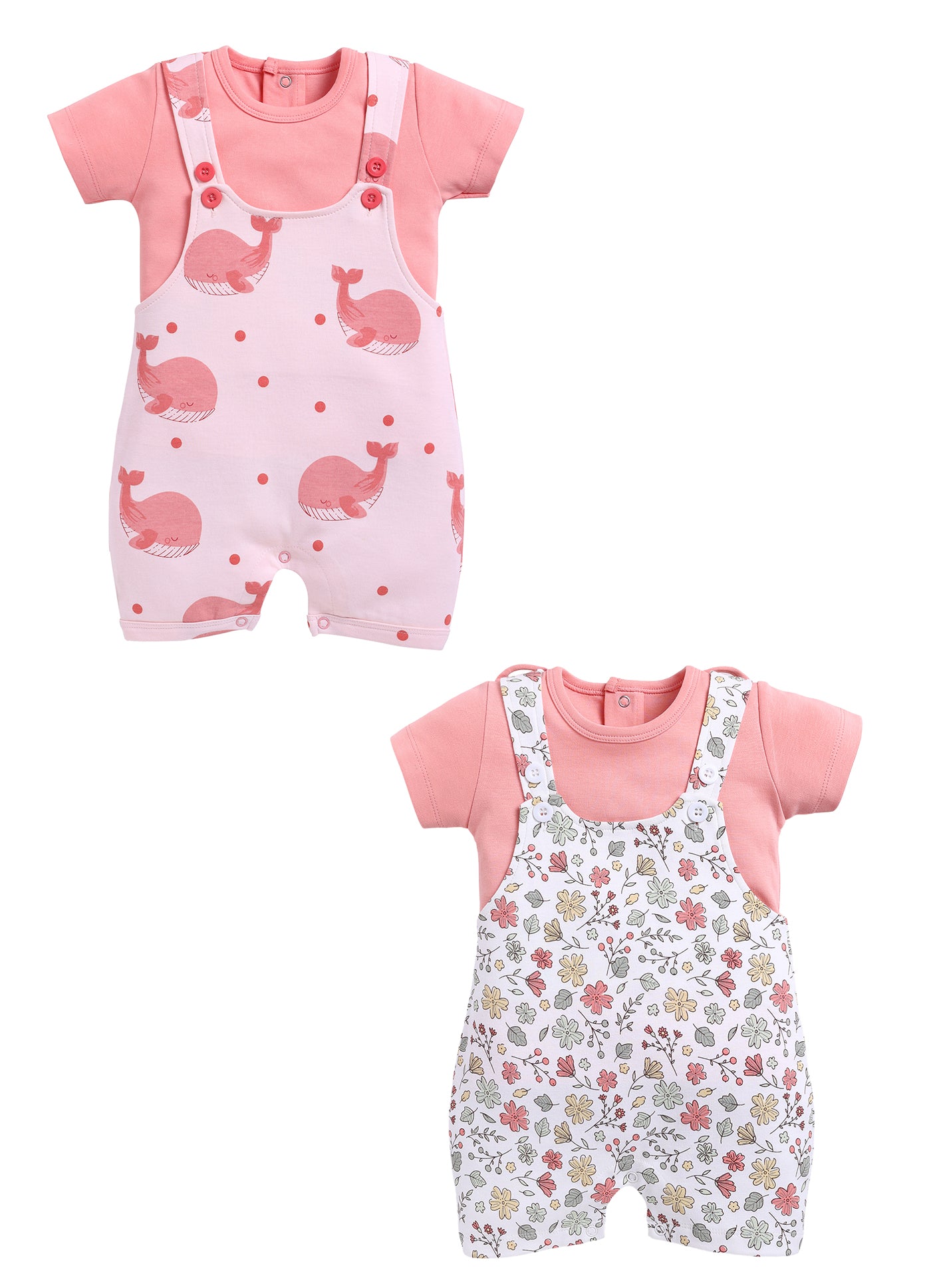Half Sleeve Dungaree for Girls - Teal & Salmon
