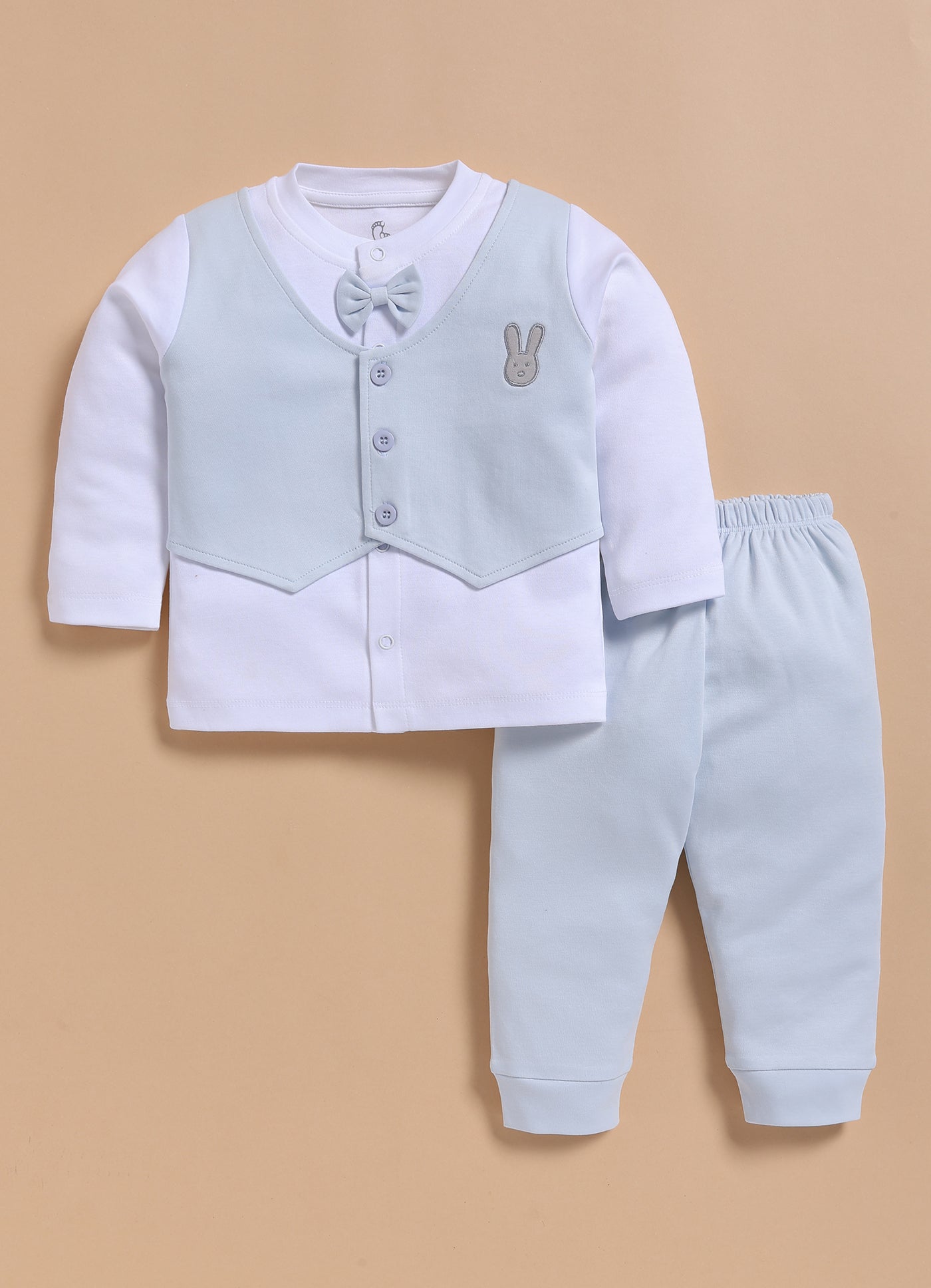 Full-Sleeve Top & Bottom Set for Boys – Green Cyan with Jacket & Bunny