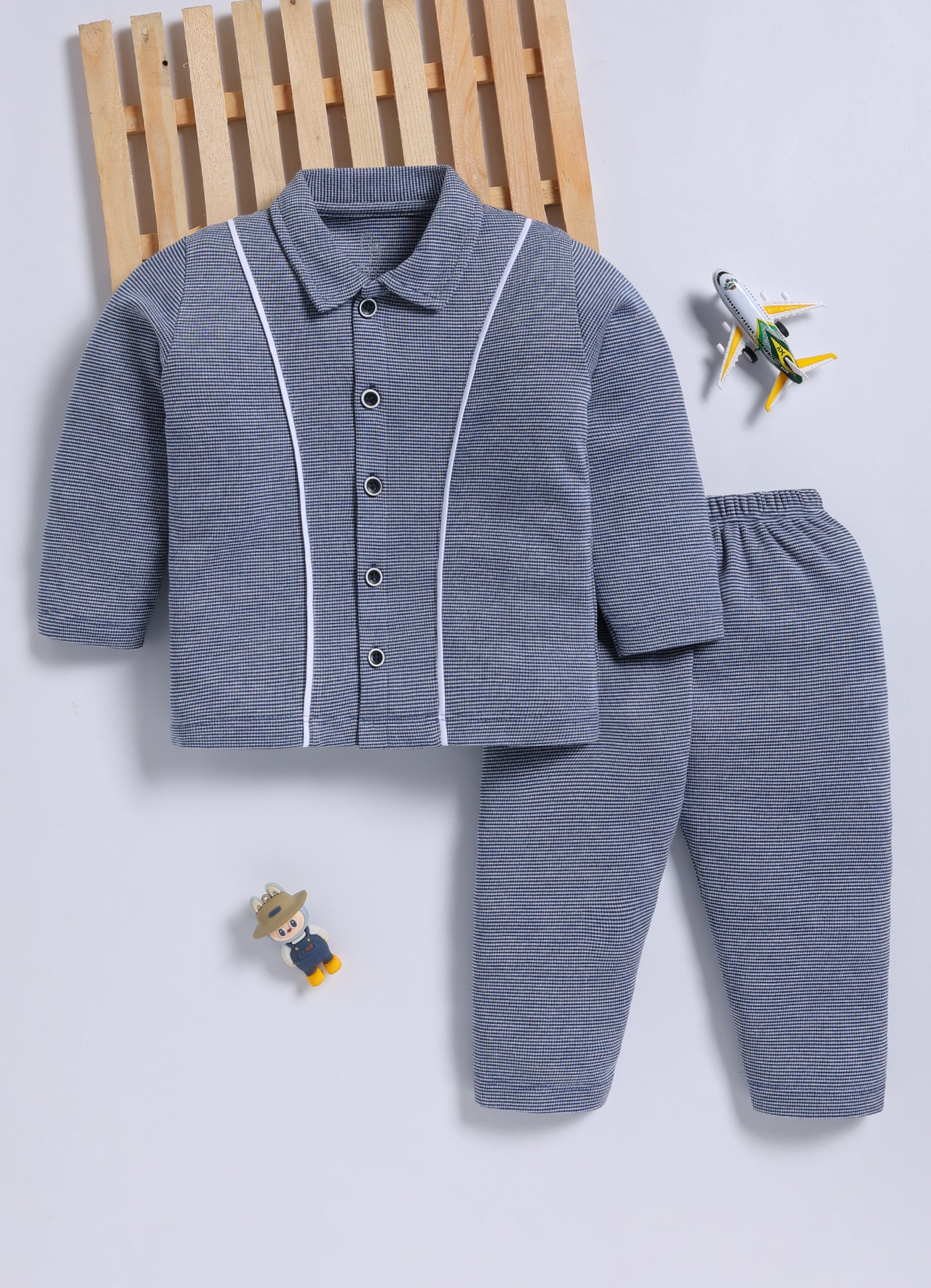 Full-Sleeve Top & Bottom Set for Boys â€“ Navy Blue Buttoned