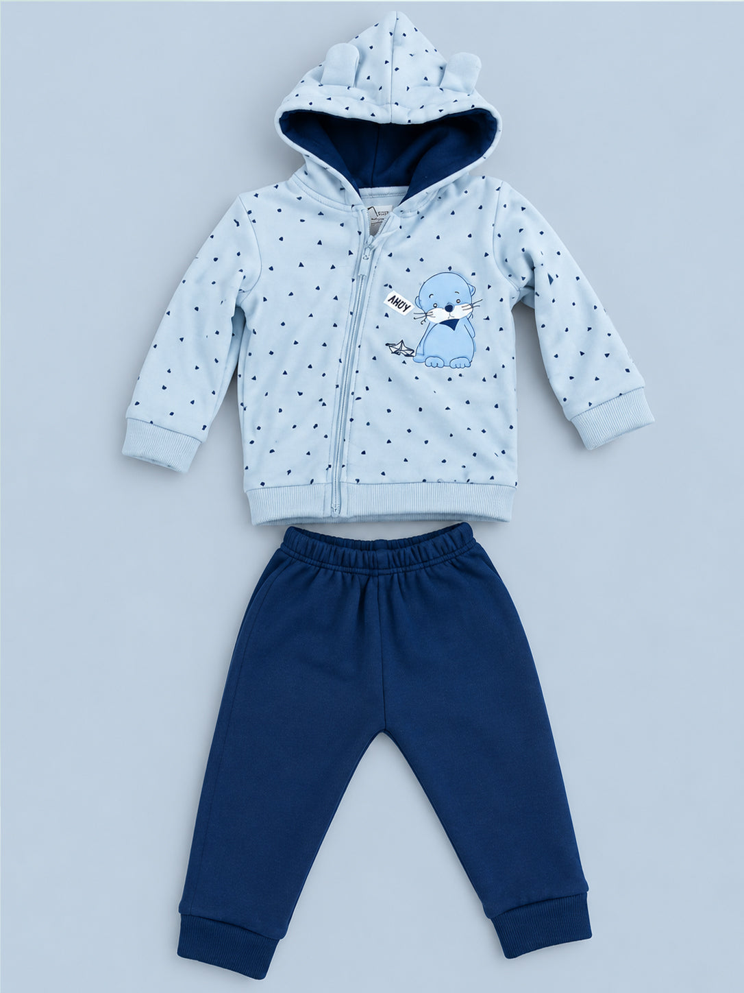 Seal Printed Ear-Detailed Hooded Full Sleeve Top and Bottom for Boys - Sky Blue