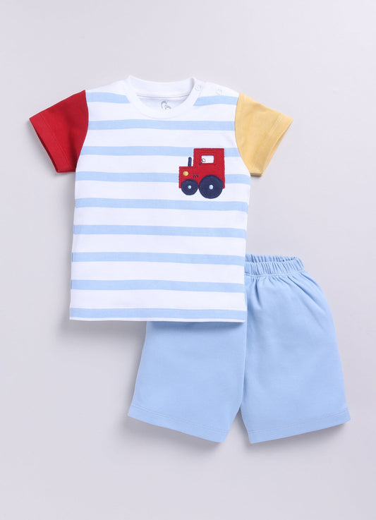 Multi Color Striped Baby Boy Half T Shirt & Short Set-Blue