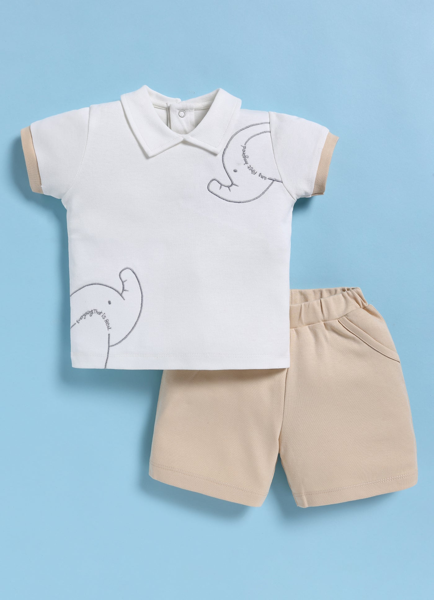 Half-Sleeve Top & Bottom For Boys - Cream Elephants