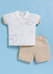 Half-Sleeve Top & Bottom For Boys - Cream Elephants