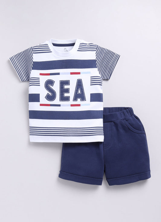 Baby Boy SEA Printed & Nautical Stripes Half T-Shirt and Shorts Set-Navy Blue