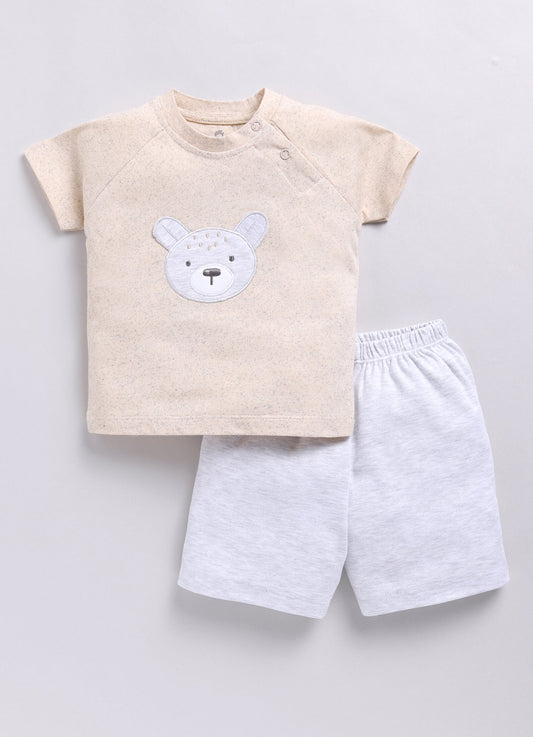 Baby Boy Speckled Top with Bear Pattrned & Light Gray Elastic Waist Shorts-Cream