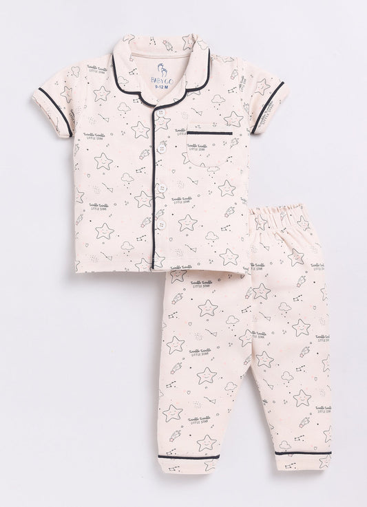 Baby Girl Cute Stars Half Sleeves Night Suit-Yellow