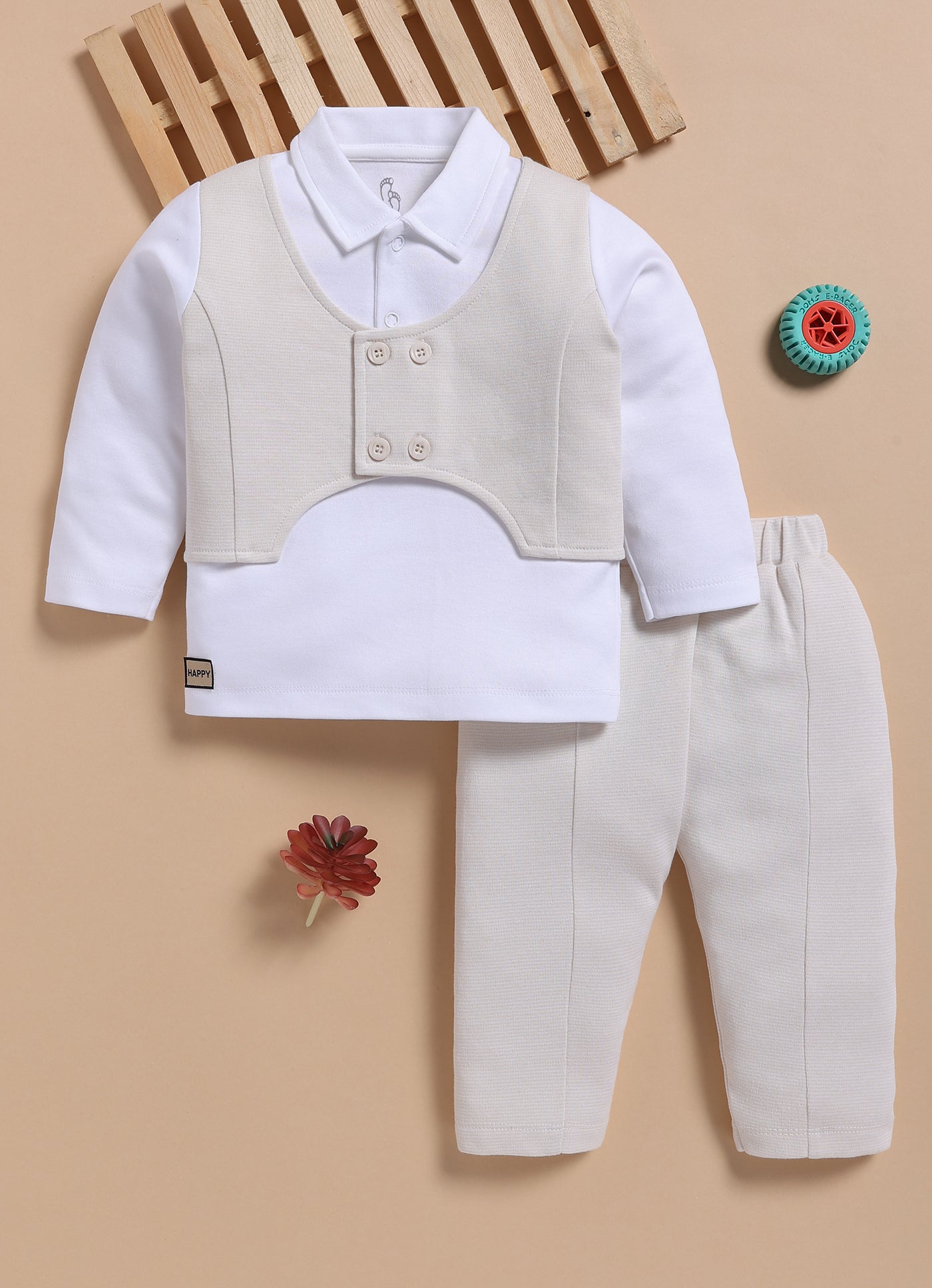 Full-Sleeve Top & Bottom Set for Boys with Jacket – Beige
