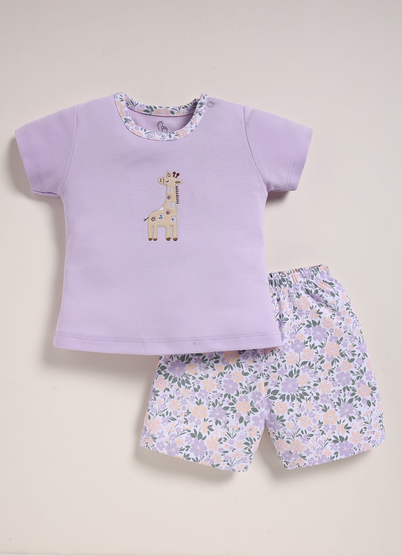 Half-Sleeve Top & Bottom For Girls - Light Purple Giraffe
