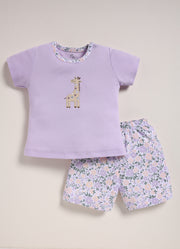 Half-Sleeve Top & Bottom For Girls - Light Purple Giraffe