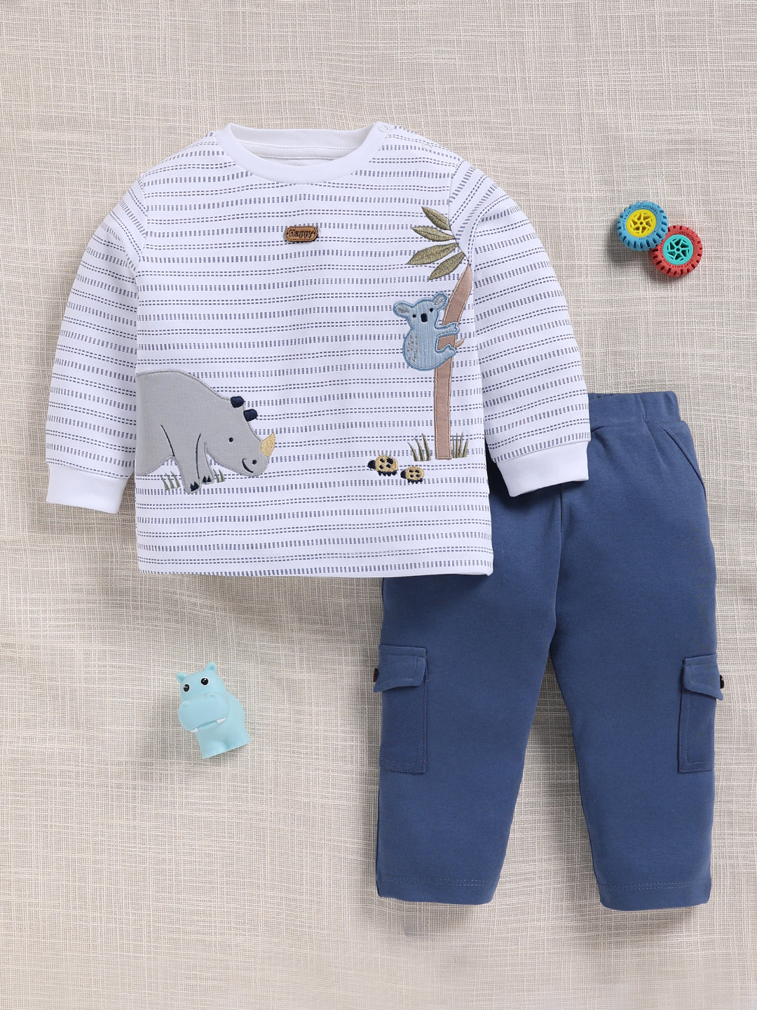 Top & Bottom for Boys - Navy Blue Striped Animal Appliqué