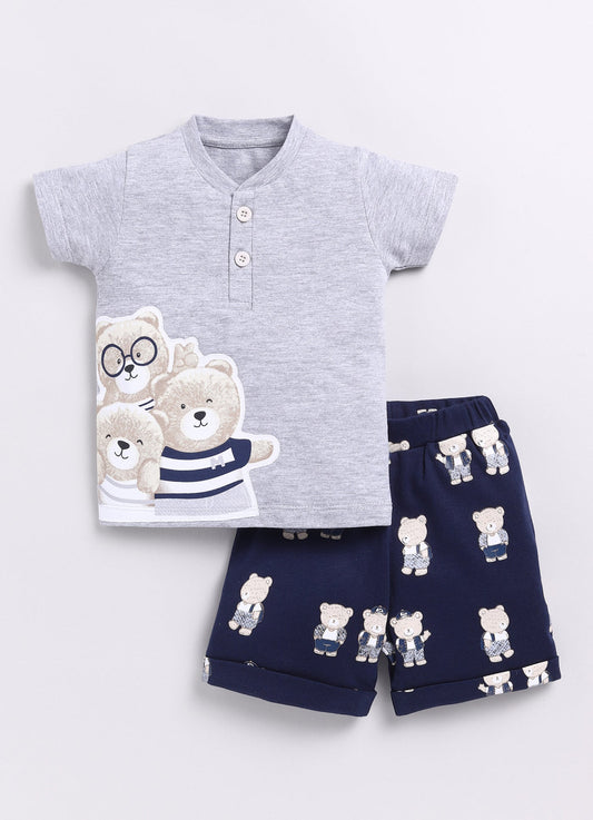 Teddy Bear Printed Baby Boy T Shirt & Short Set-White
