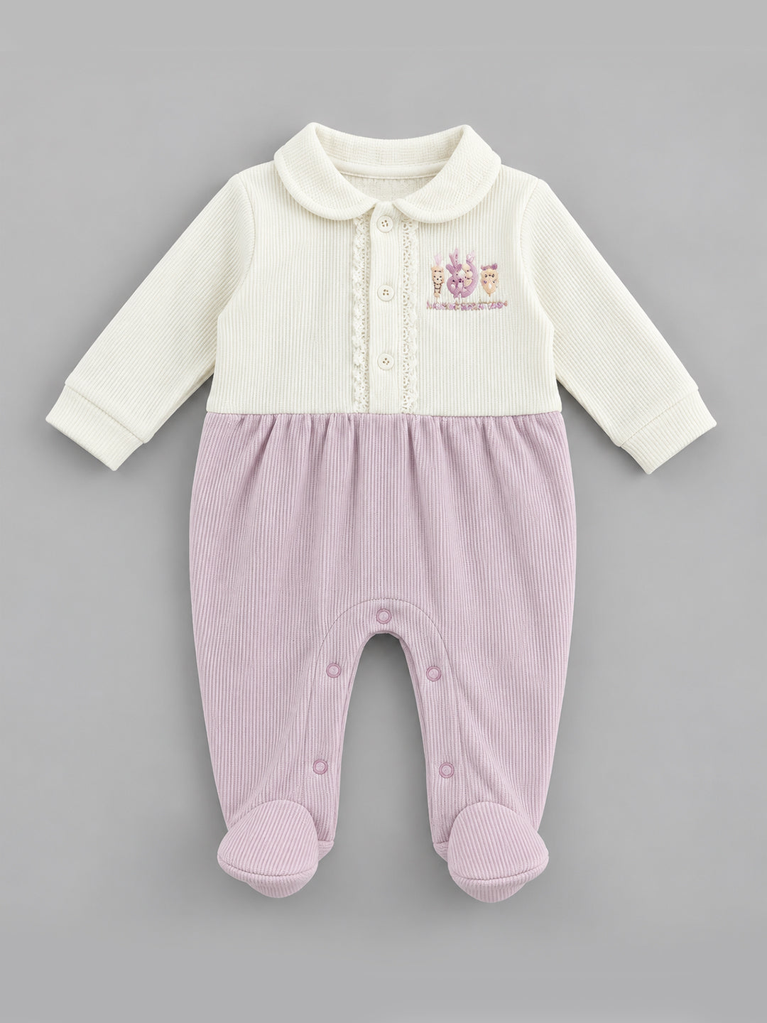 Veggie Embroidered Waffle Knit Full Sleeve Romper for Girls - Off-White & Lavender