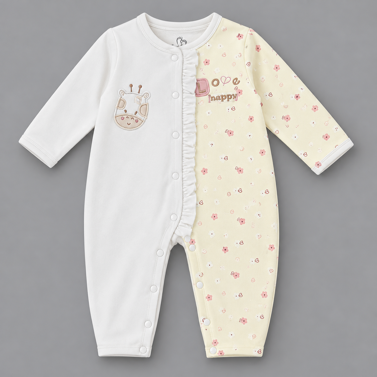 Love Nature Giraffe Embroidered Ruffled Full Sleeve Romper for Girls - White & Light Yellow