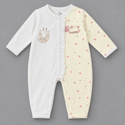 Love Nature Giraffe Embroidered Ruffled Full Sleeve Romper for Girls - White & Light Yellow