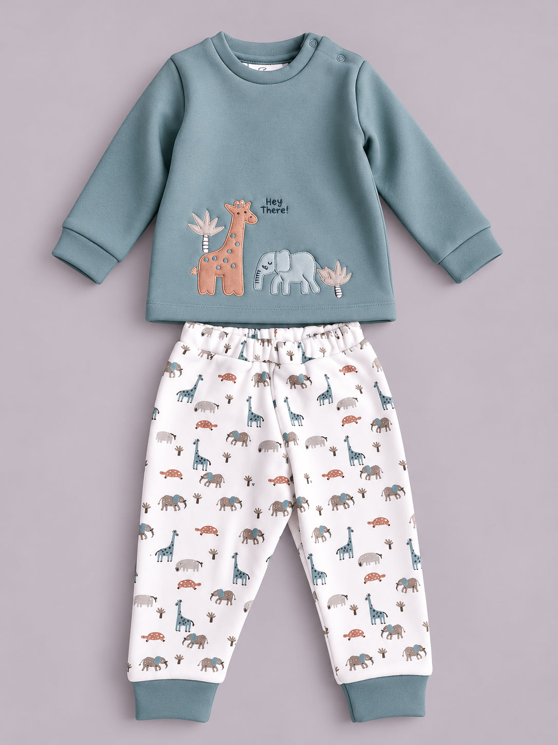 Animal Printed Full Sleeve Top and Bottom for Boys - Blue & Off-White