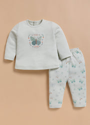 Full-Sleeve Top & Bottom For Girls - Pastel Green Little Butterfly