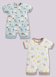 Half Sleeve Romper for Boys - Pista Green & Beige