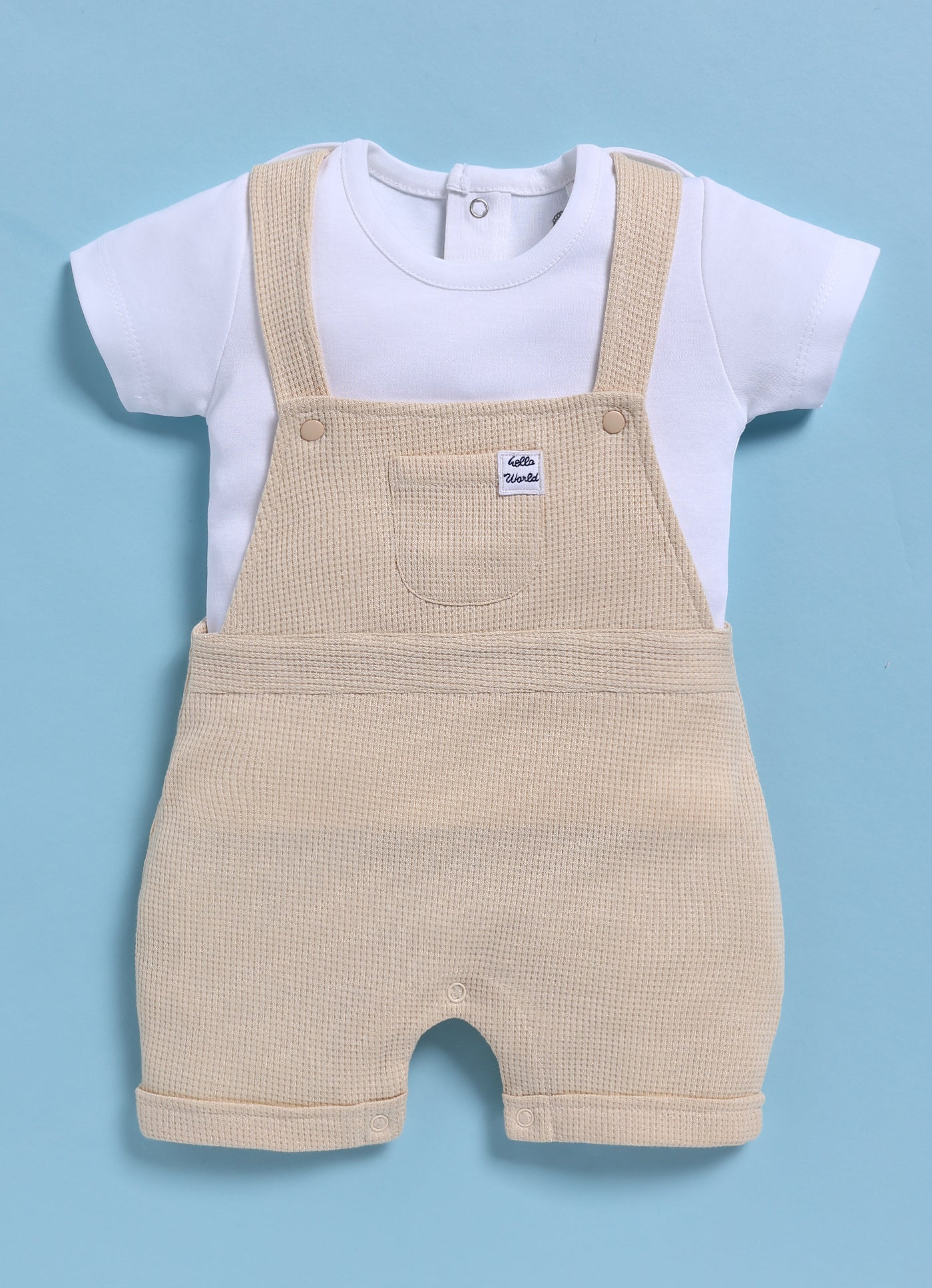 Half Sleeve Dungaree for Boys - Beige Hello World