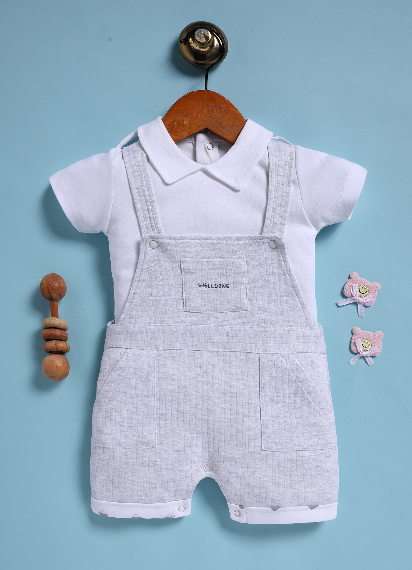 Half Sleeve Dungaree for Boys – White Melange Well Done!