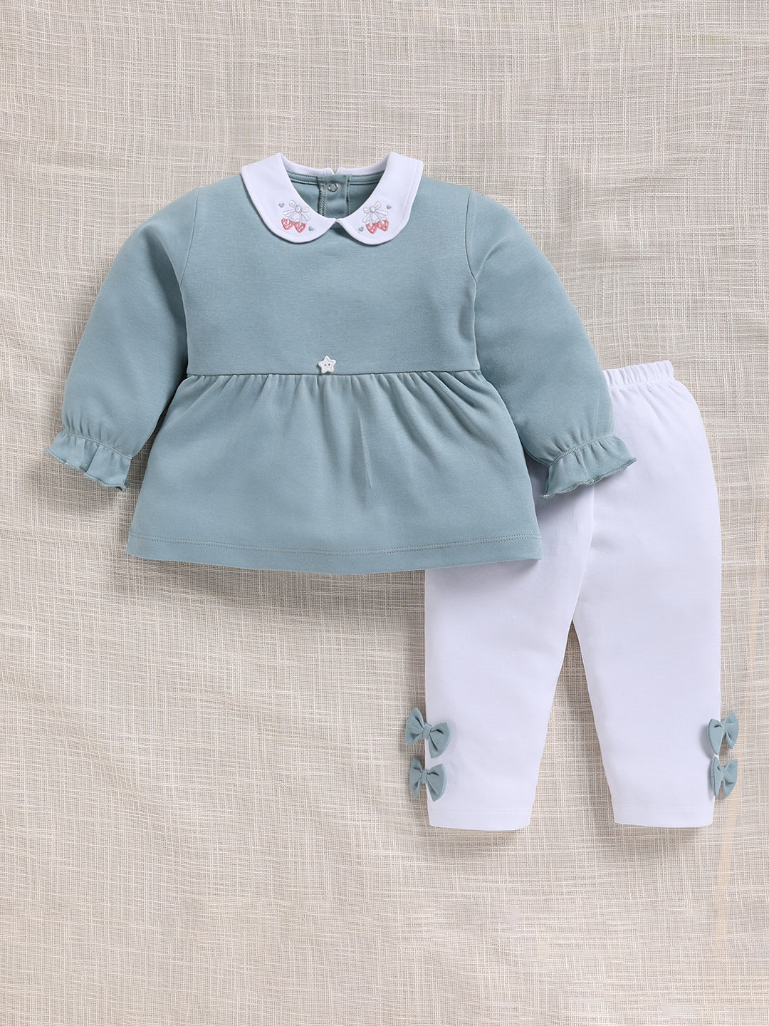 Top & Bottom for Girls - Dusty Blue Embroidered Collar Peplum Top & Bow-Accent
