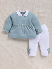 Top & Bottom for Girls - Dusty Blue Embroidered Collar Peplum Top & Bow-Accent