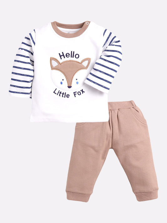 Little Fox printed casual T-Shirt Pyjama set-BEIGE