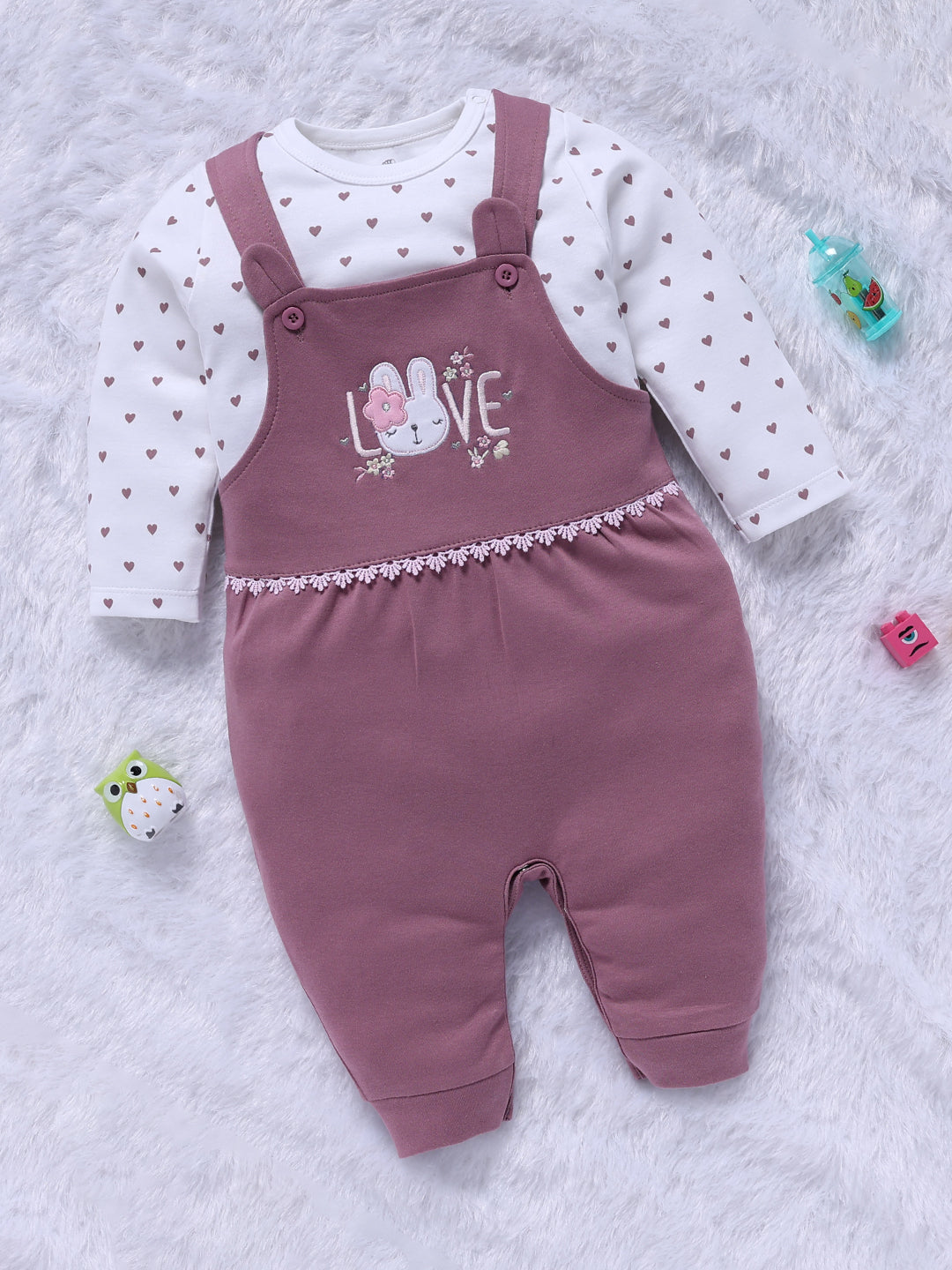 Dungaree - Dusty Mauve Bunny Heart Printed