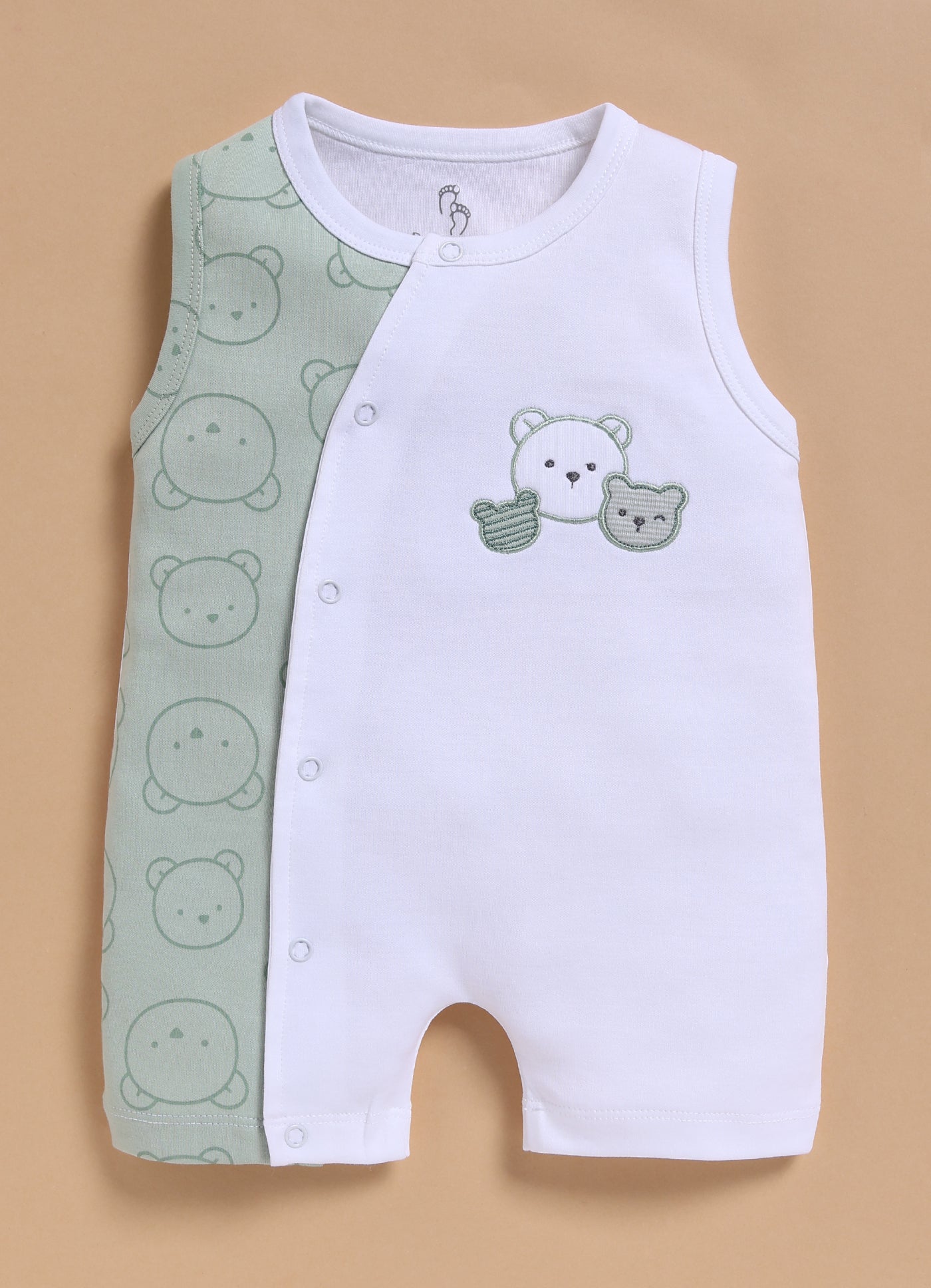 Half-Sleeve Romper for Boys – Mint Green Winking Teddy