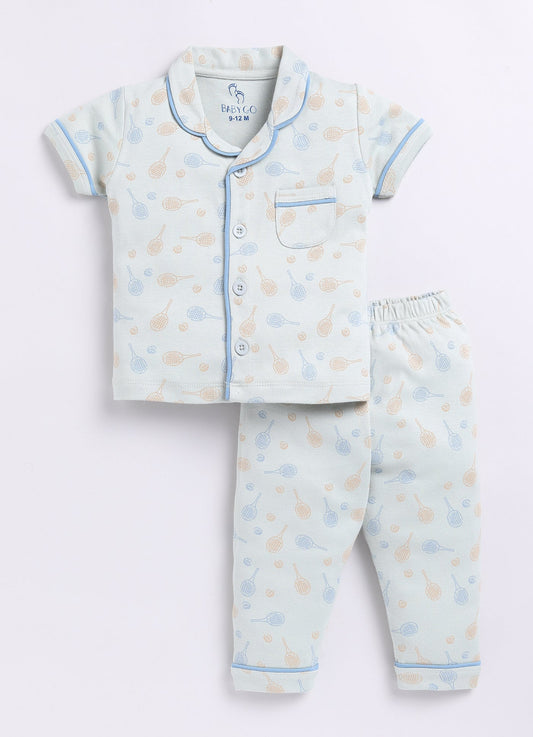 Playful Printed Half Sleeves Baby Boy Night Suit-OLIVE