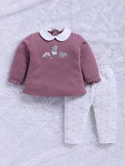 Top & Bottom for Girls - Mauve Animal Embroidered Top & Printed Trousers Set