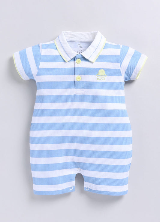 Short Sleeve Striped Polo Baby Boy Romper-Blue