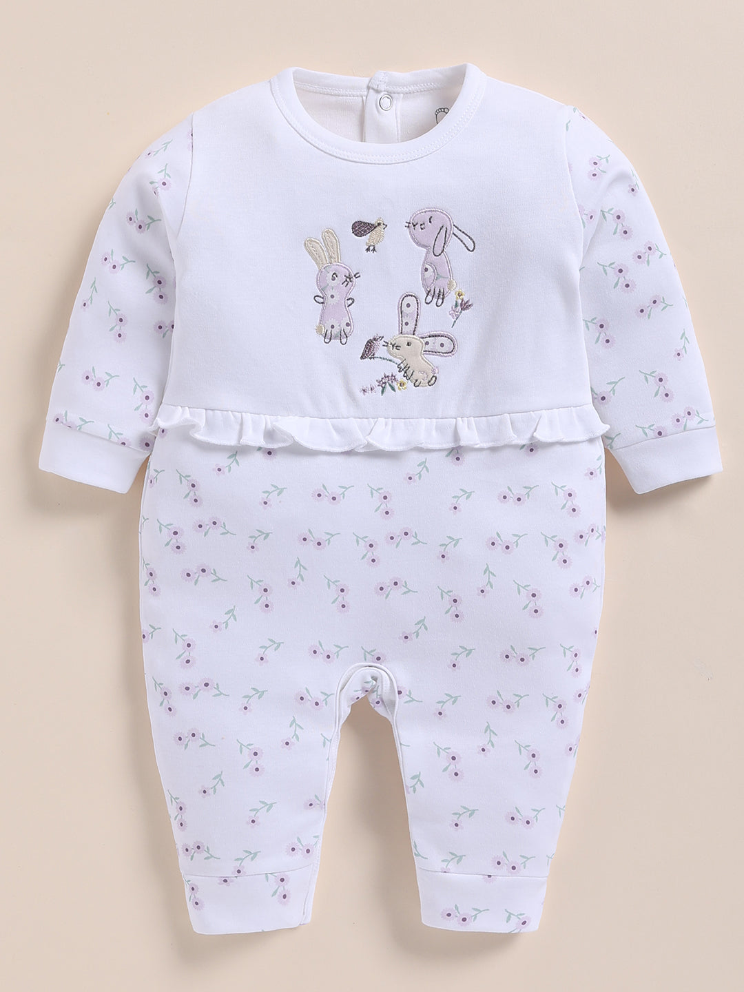 Full Sleeve Romper for Girls – White Trimmed Embroidered