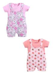 Half Sleeve Dungaree for Girls - Pink & Coral