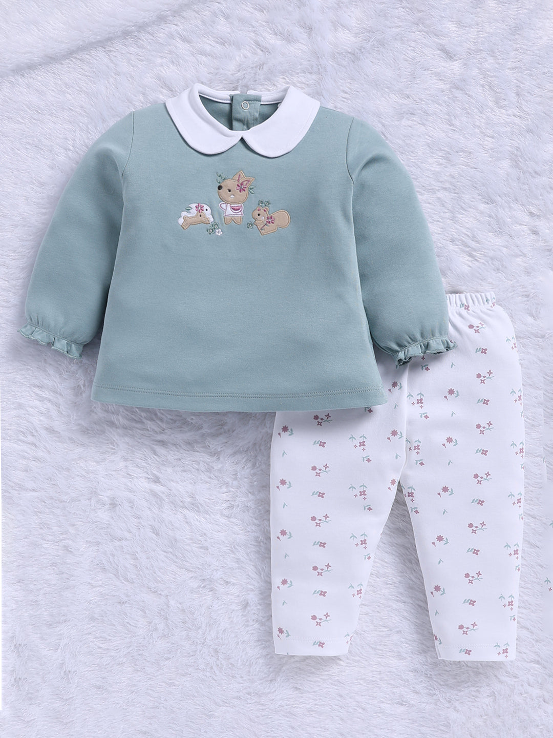 Top & Bottom for Girls - Mint Green Animal Embroidered Top & Floral Trousers Set