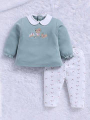 Top & Bottom for Girls - Mint Green Animal Embroidered Top & Floral Trousers Set