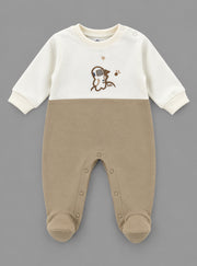 Little Astronaut Embroidered Footed Full Sleeve Romper for Boys - Cream & Beige
