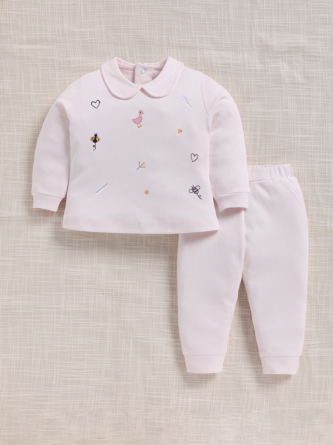 Top & Bottom for Girls - Pink Embroidered Ribbed Top & Trousers Set