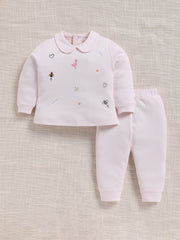 Top & Bottom for Girls - Pink Embroidered Ribbed Top & Trousers Set