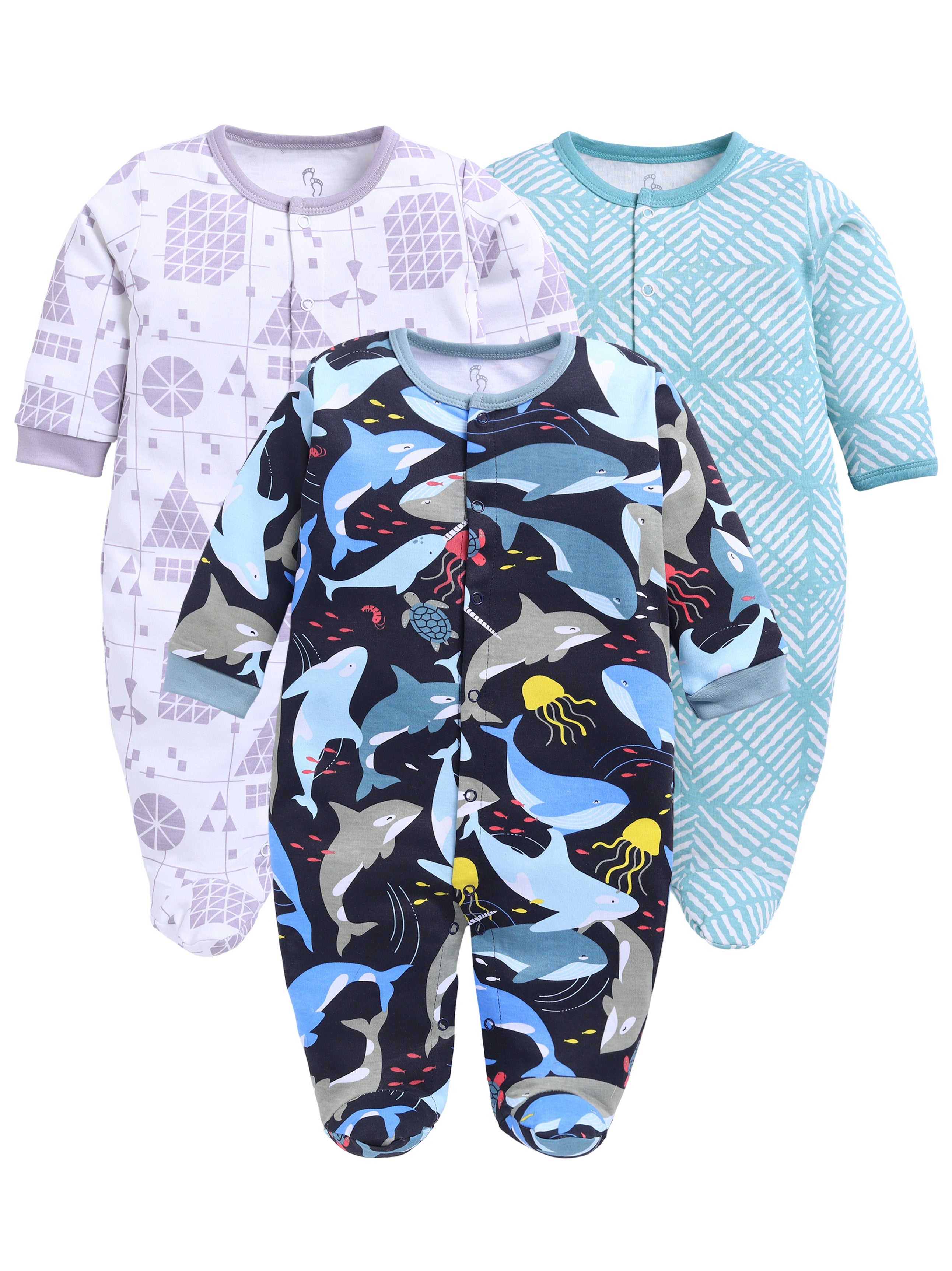 Full Sleeve Romper for Boys - Sea Green & Off-White & Navy