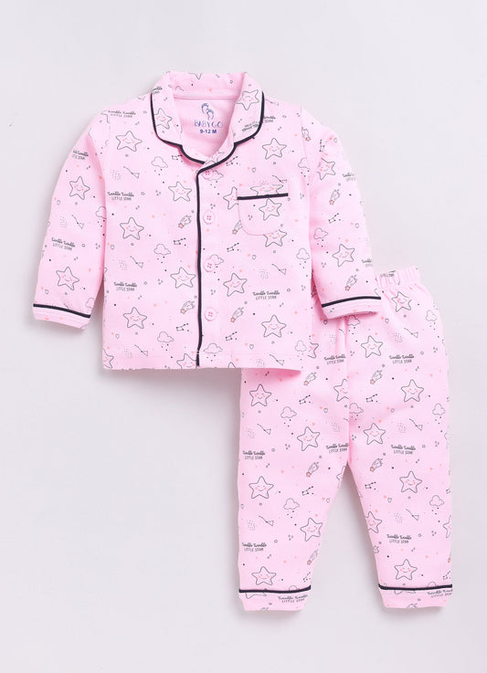Cute Baby Girl Stars Printed Night Suit-PINK