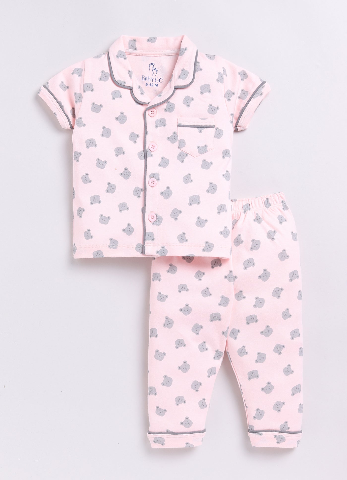 Bear Printed Baby Girl Half Sleeves Night Suit-PINK