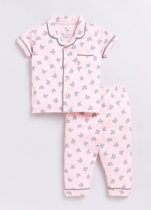 Bear Printed Baby Girl Half Sleeves Night Suit-PINK