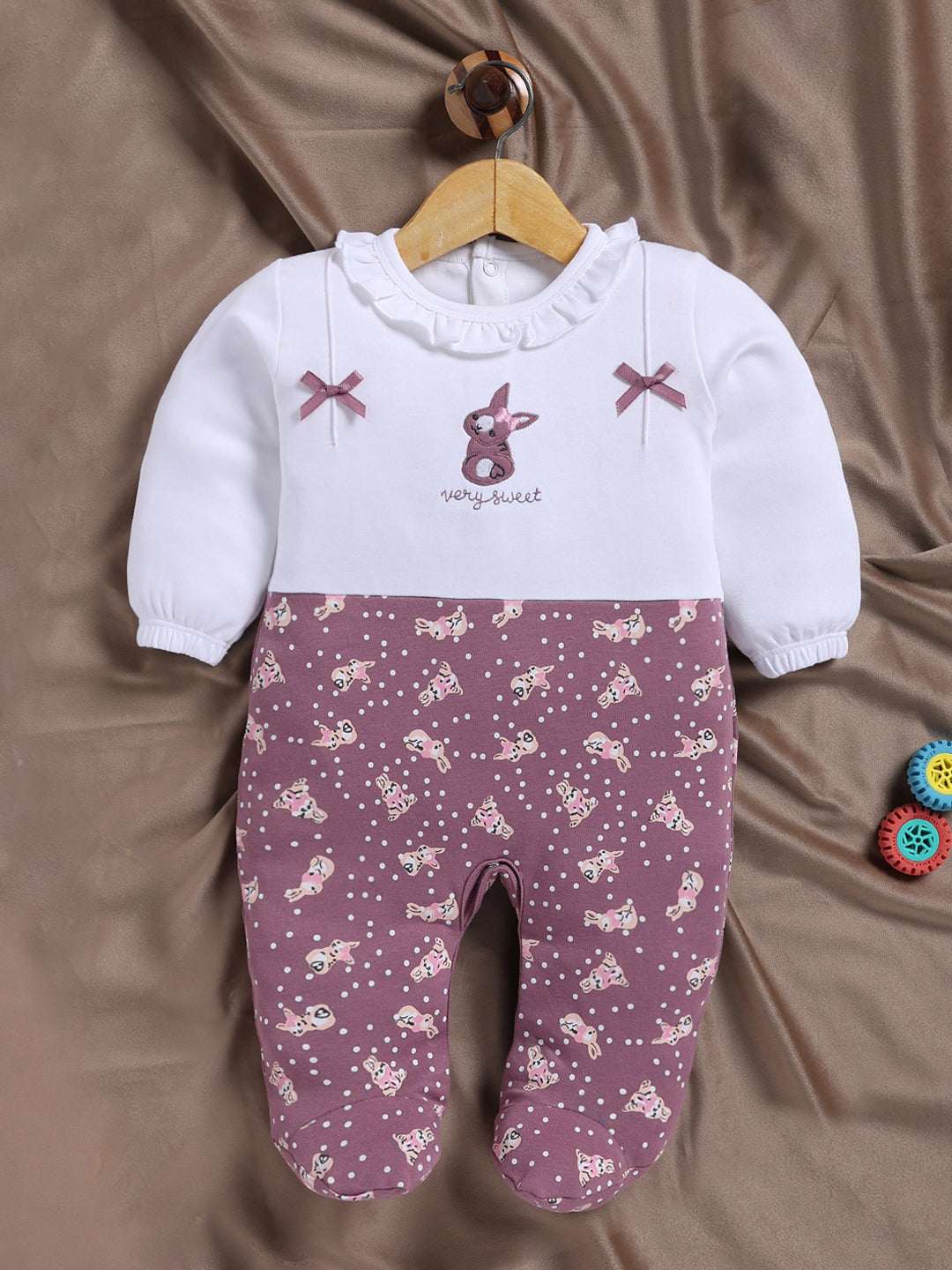 Full Sleeve Romper for Girls – Purple Bunny Embroidered & Polka Dot