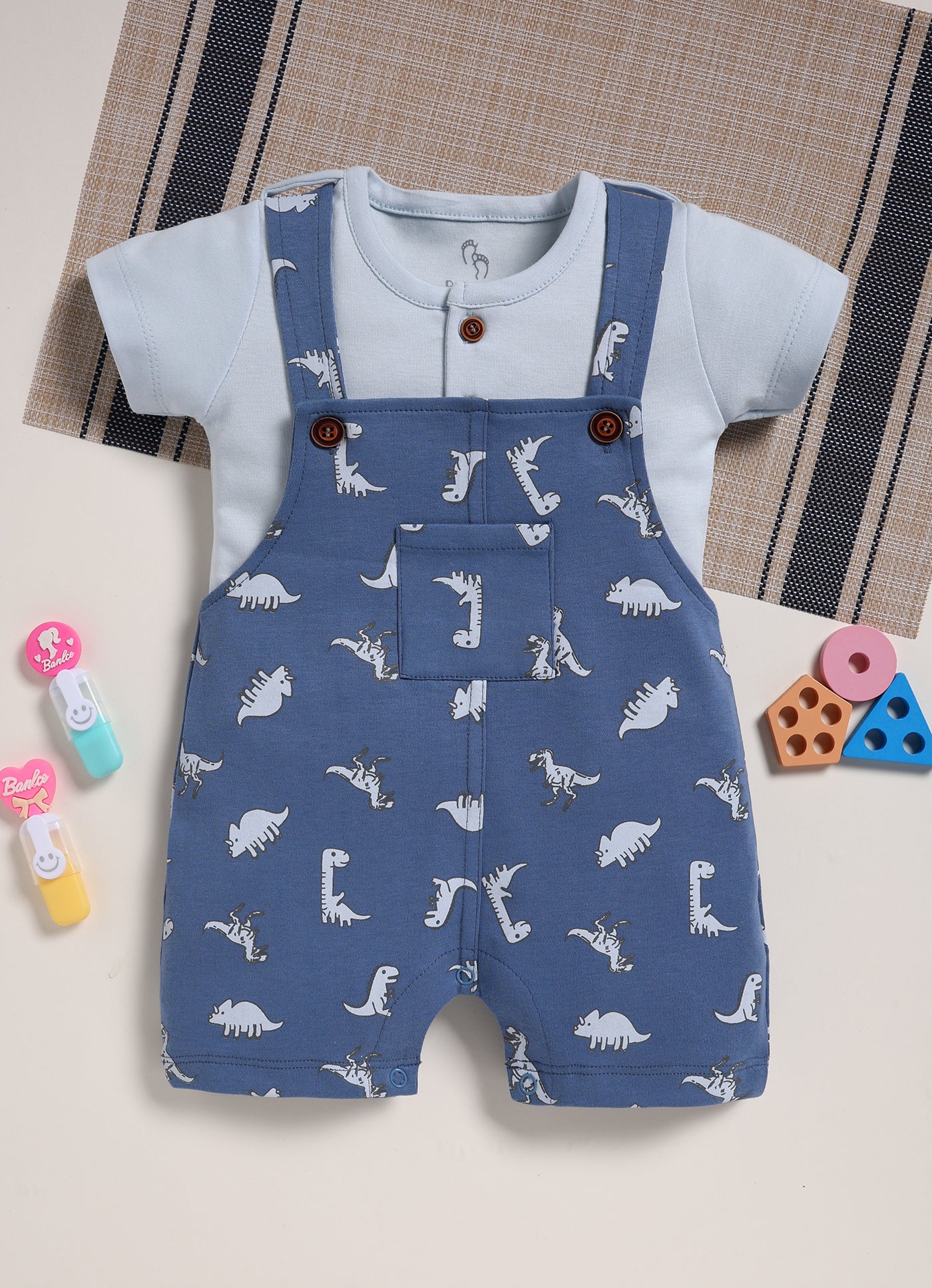 Half Sleeve Dungaree for Boys – Navy Blue Little Dinos