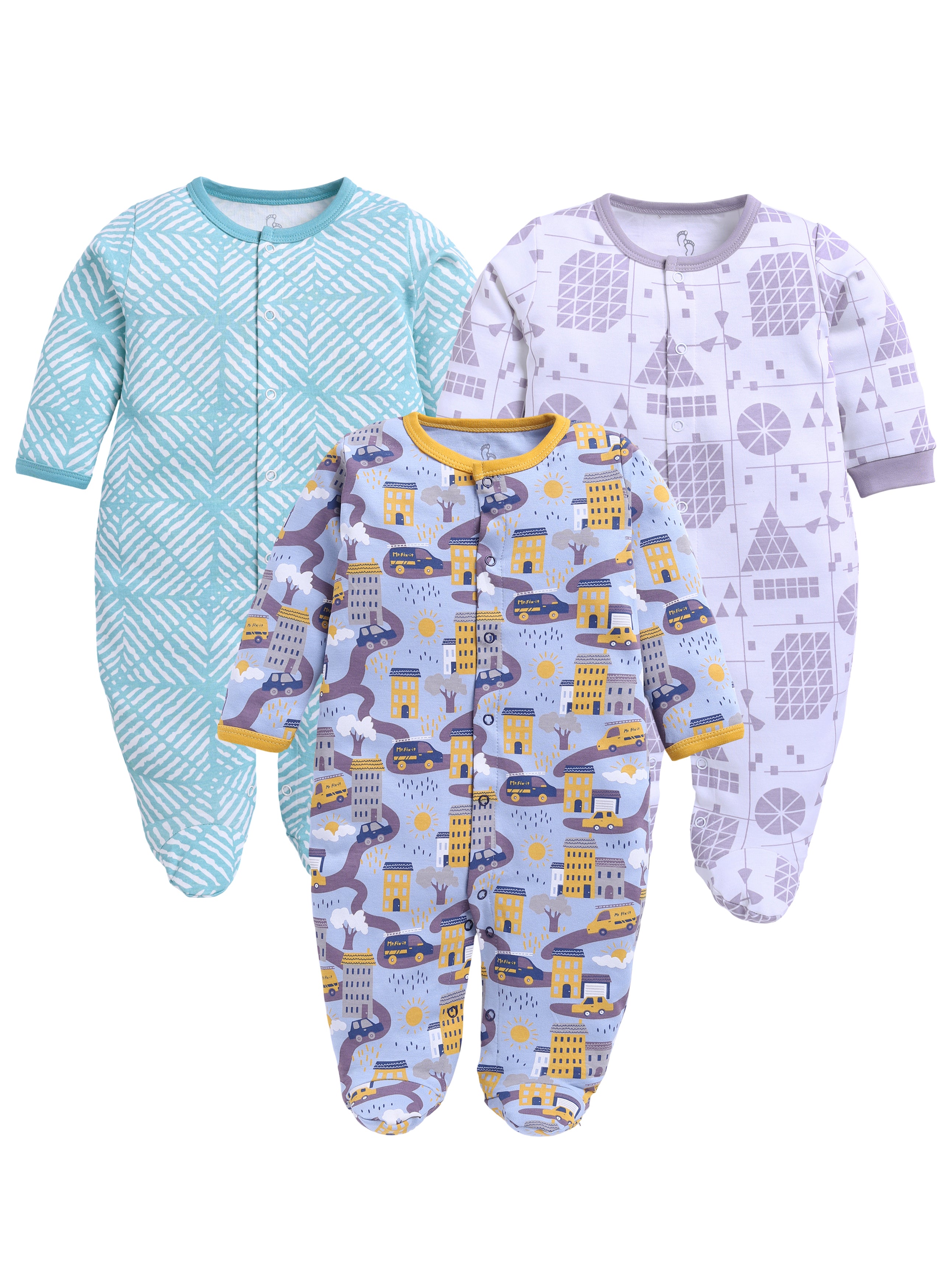 Full Sleeve Romper for Boys - Sea Green & Yellow & Off-White