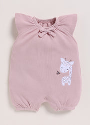 Half-Sleeve Romper for Girls – Light Mauve Cutie Giraffe