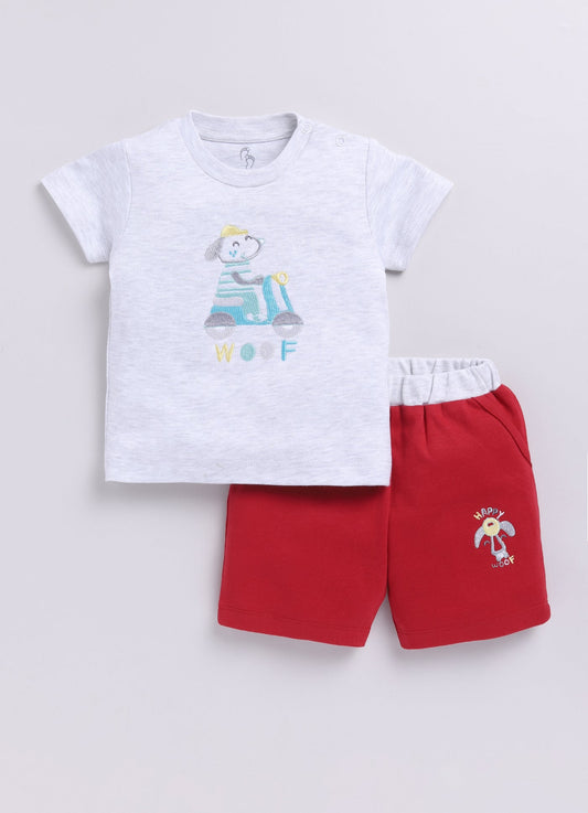Happy Woof Printed Baby Boy Half T Shirt & Short Set-Melange