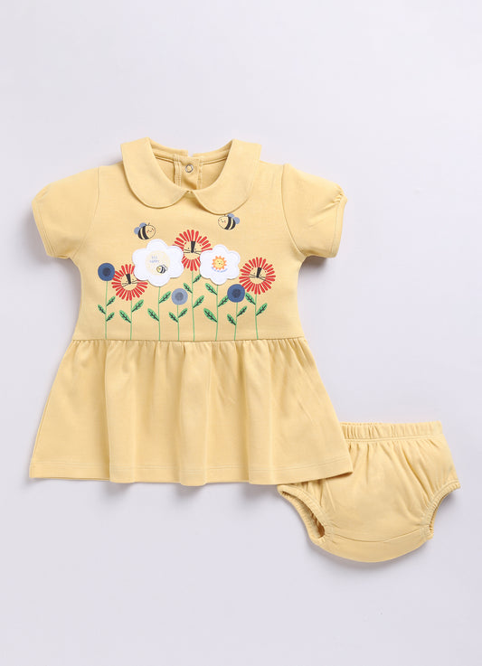 Baby Girl Peter Pan Collar Dress with Flowers & Bees-BEIGE