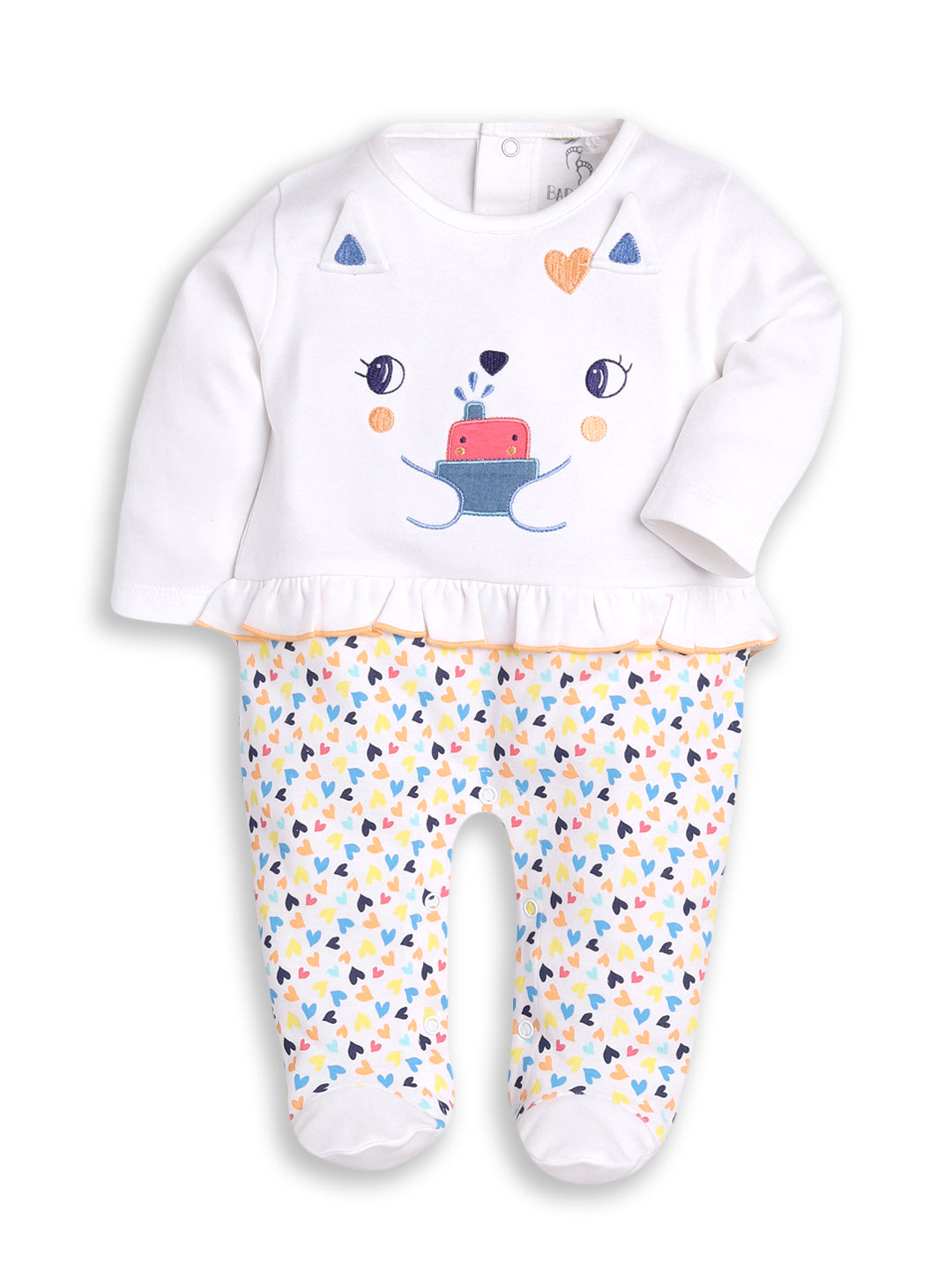 BABY GO 100% Pure Cotton Full Sleeves Rompers/Bodysuit/Sleepsuit for Baby Girl-WHITE