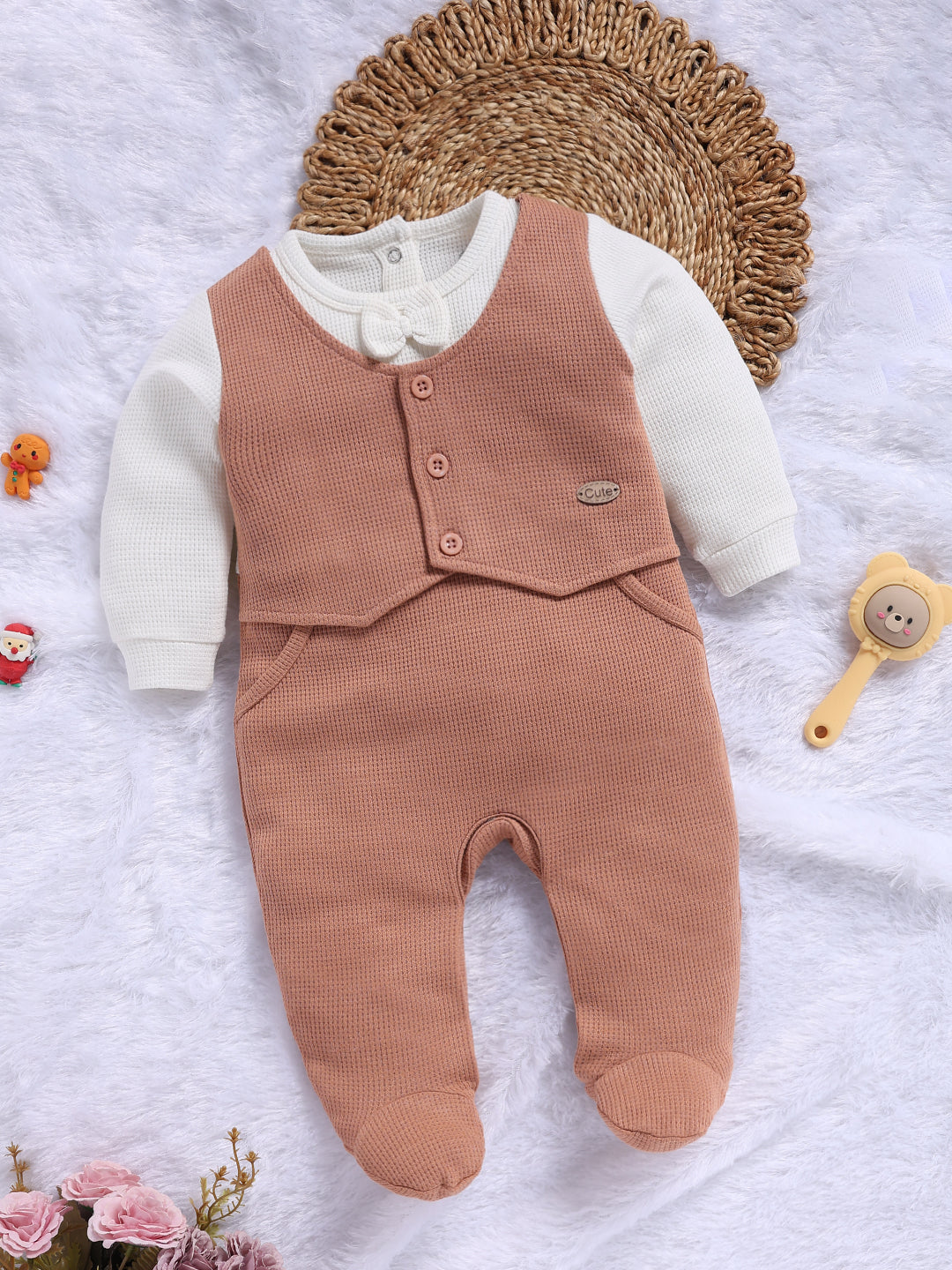 Full Sleeve Romper for Boys - Brown Terracotta Waistcoat